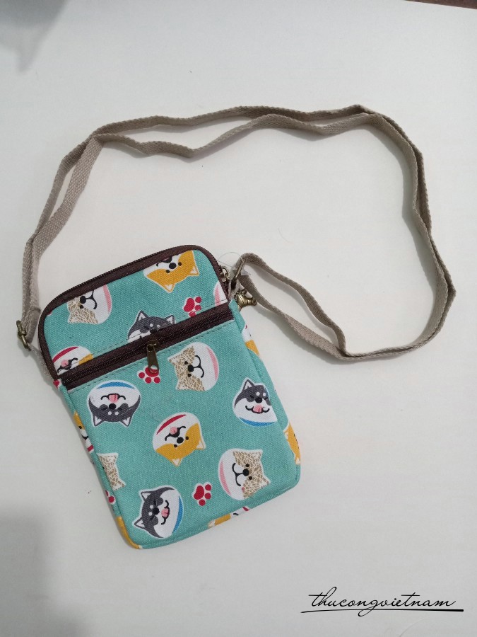 Túi handmade vải vintage 12x19x2cm - Chó Shiba xanh lá